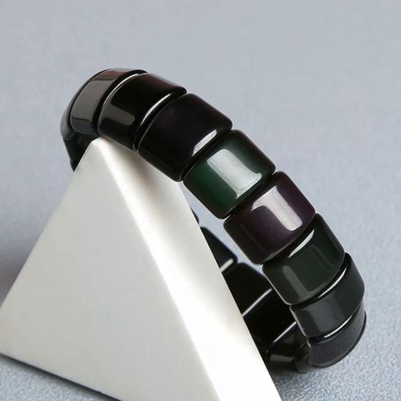 Black Rainbow Obsidian Square Tile Stretch Bracelet - Picture 9 of 9